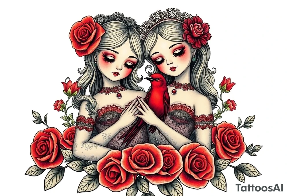 Vintage dollies, red roses, lace, red bird, vintage, wrap around, tighter together, no space open, no woman tattoo idea