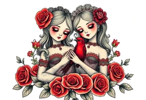 Vintage dollies, red roses, lace, red bird, vintage, wrap around, tighter together, no space open, no woman tattoo idea