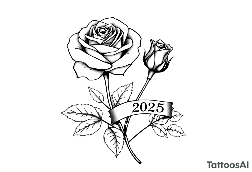 two beautiful large rose buds, one larger than the other, with many leaves next to the rose buds, with one sitting higher than the other. Include a banner connecting the two roses with the year 2025 on it.   Use dark outlines with little shading. The two stems should be short, not long, and connect and join into one stem, whimsically curved or twisted - not straight down. tattoo idea