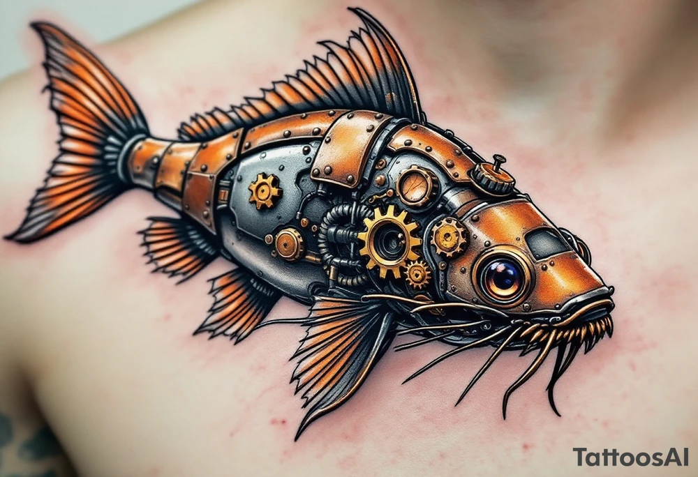 Steampunk Catfish – A mechanical version with bronze and copper body plates, gear-like whiskers, and a rusted tail, blending fish and machine. tattoo idea