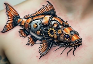 Steampunk Catfish – A mechanical version with bronze and copper body plates, gear-like whiskers, and a rusted tail, blending fish and machine. tattoo idea