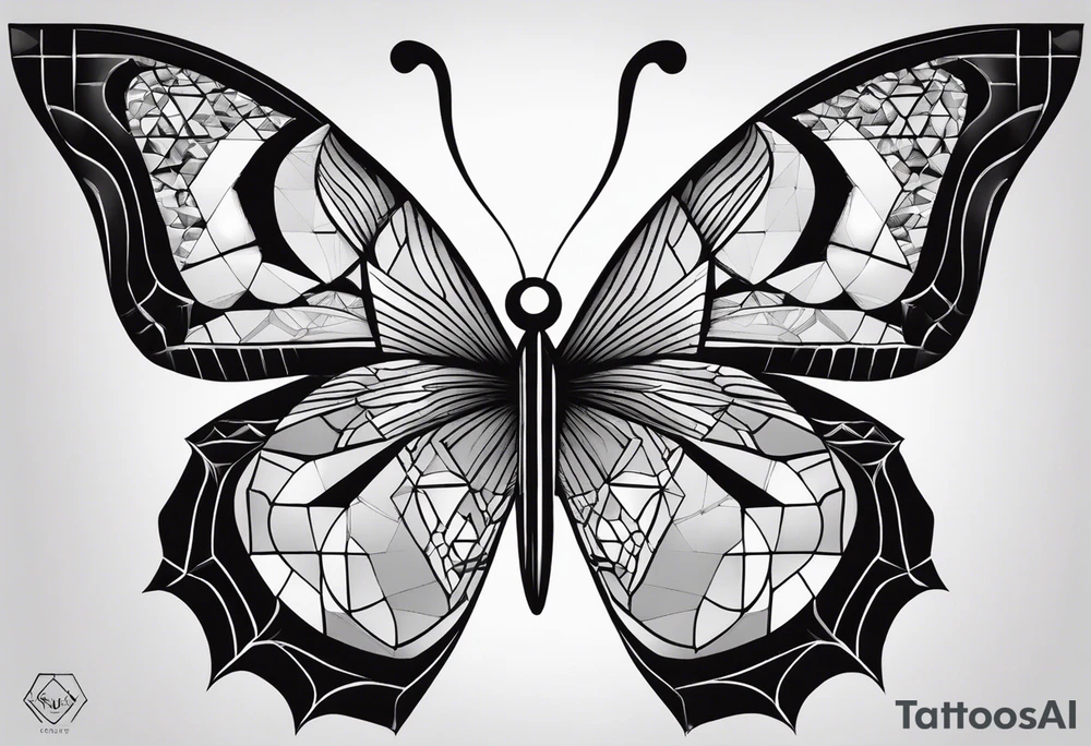 Minimalist butterfly with fine line wings, incorporating M.C. Escher’s geometric tessellation patterns in the wing structure, soft black-and-gray shading for depth. tattoo idea