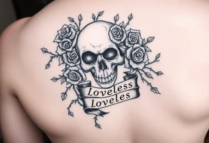 gothic skull intertwined with climbing roses and thorny vines with a ribbon saying loveless tattoo idea