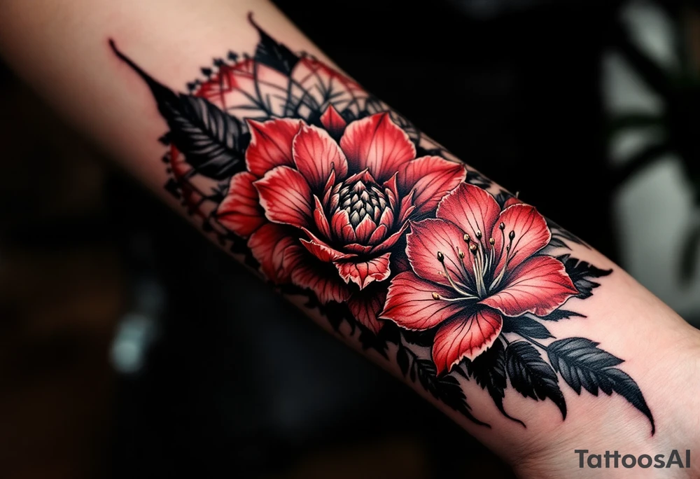 red  and black rhododendron trippy with mandala behind tattoo idea