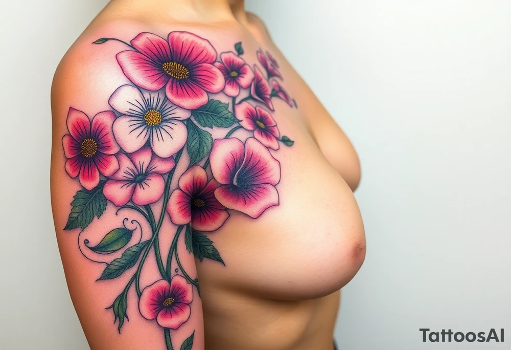 This tattoo is on a woman. It starts on her left side of the chest on the pectoral with a Glaiolus and Daisy together, then the tattoo rises over the left shoulder and down the arm and ends at the elbow. The tattoo will include a primroses, Calla Lilys, and Lillys. It will be light on color except in the petals and has light shading to make it pop. It will not wrap around the chest but rather bloom upwards from the pectoral and spill over the shoulder and down to the elbow. tattoo idea