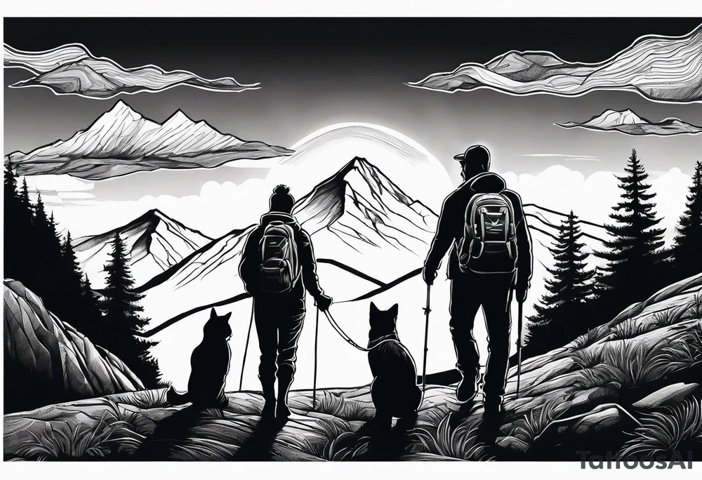 nature, sunset, mountains, a father and son hiking with their dog and cat and a cross tattoo idea