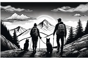 nature, sunset, mountains, a father and son hiking with their dog and cat and a cross tattoo idea