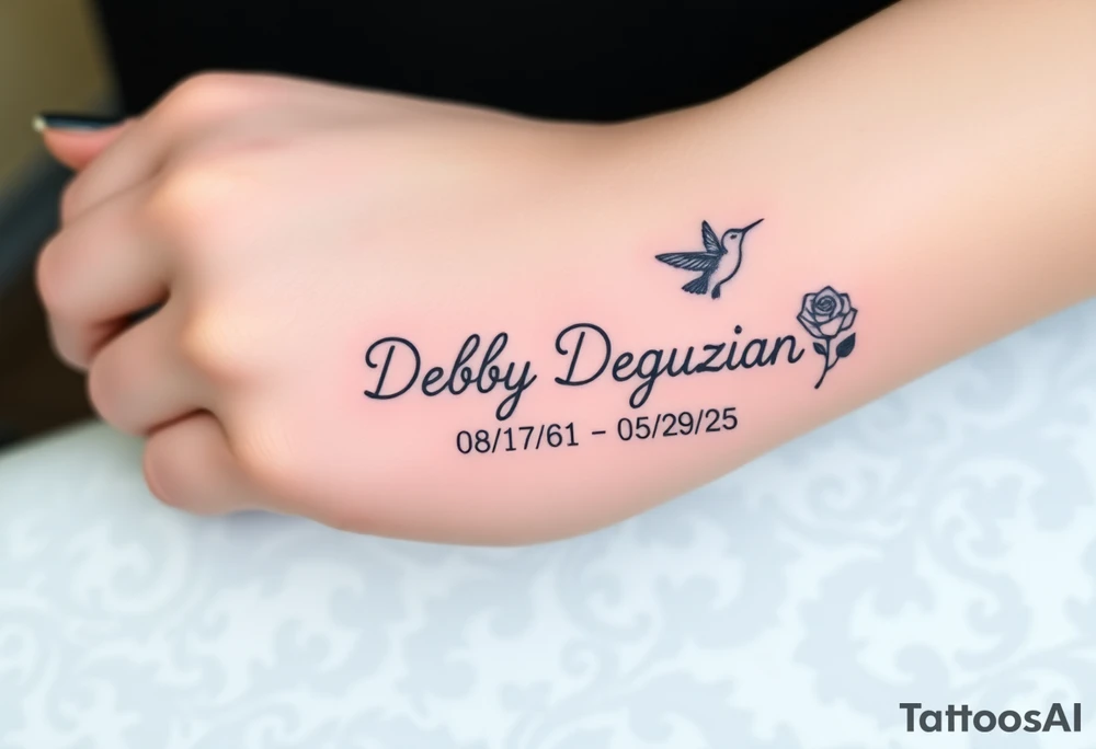 Tattoo of the exact name Debby Deguzman in chunky curly cursive with the exact dates of 08/17/61-05/29/25 surrounded by 1 hummingbird and 1 rose tattoo idea