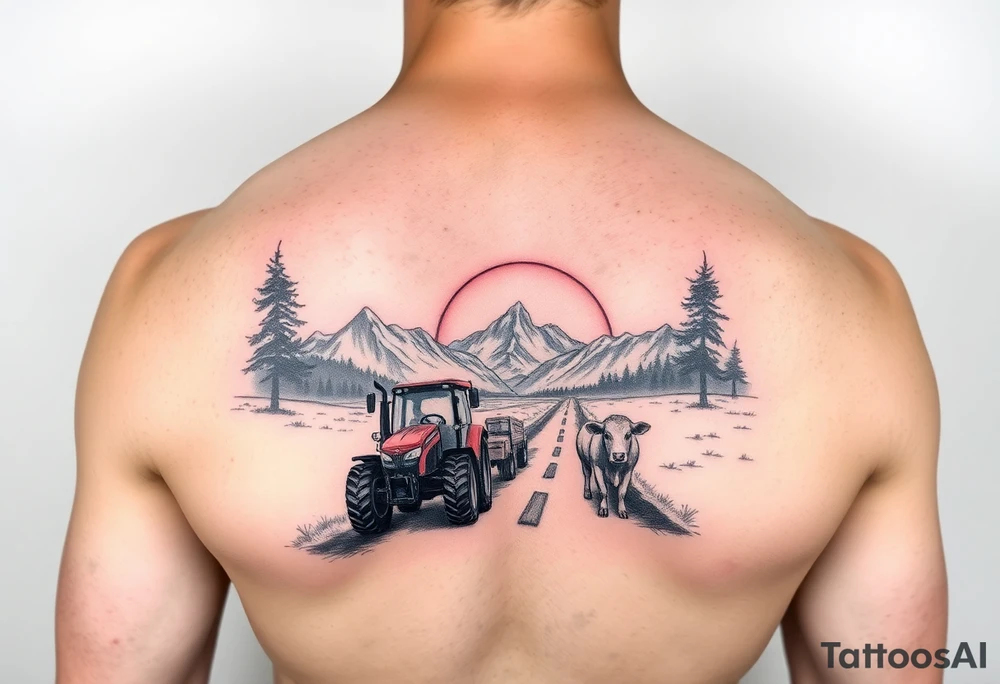 mountian, road, vantage tractor, cow, sunset tattoo idea