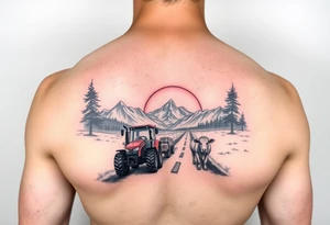 mountian, road, vantage tractor, cow, sunset tattoo idea