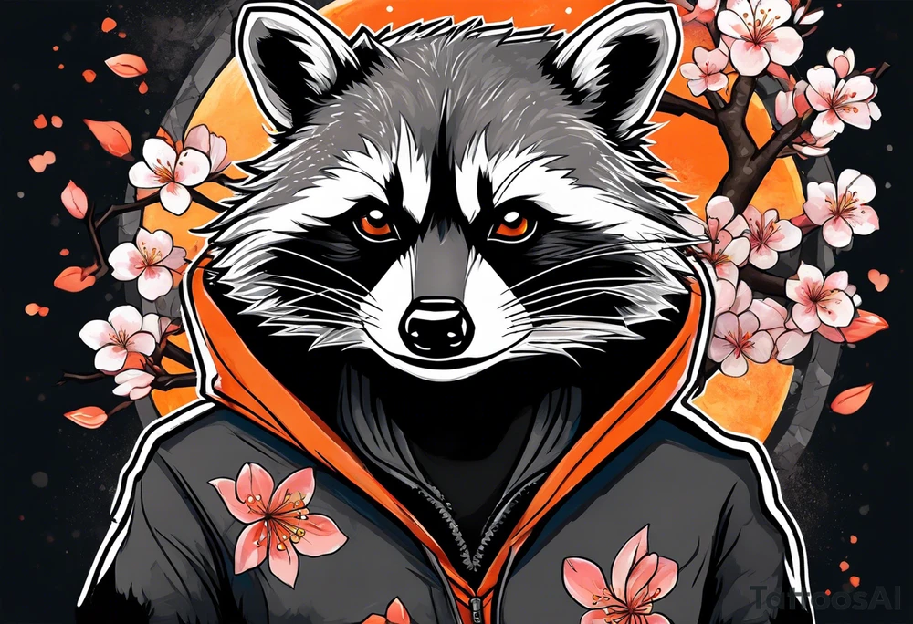 Raccoon wearing a white Superman logo on a black hoodie and orange Japanese cherry blossoms tattoo idea