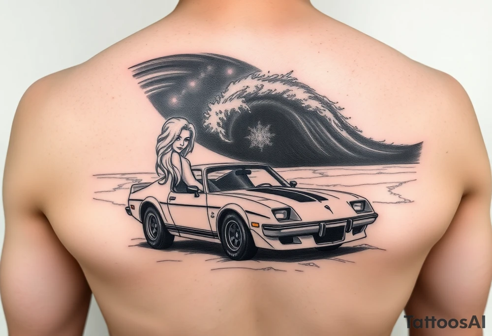 I want a sleeve that starts with a beach with dale Earnhardt car on the beach with a hot blonde 80’s girl with big hair on the hood. Then an ocean with big waves then a big dark sky with the Milky Way in it and Jimi Hendrix Stratocaster in the sky tattoo idea