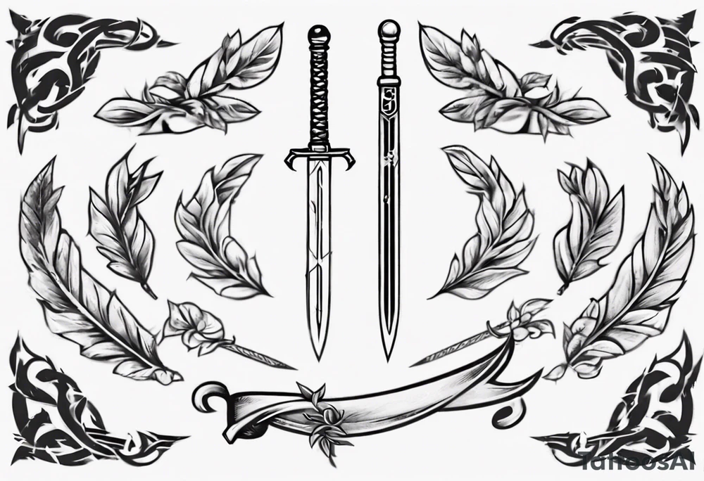 A sword runs through the number 13 and a laurel leaf tattoo idea