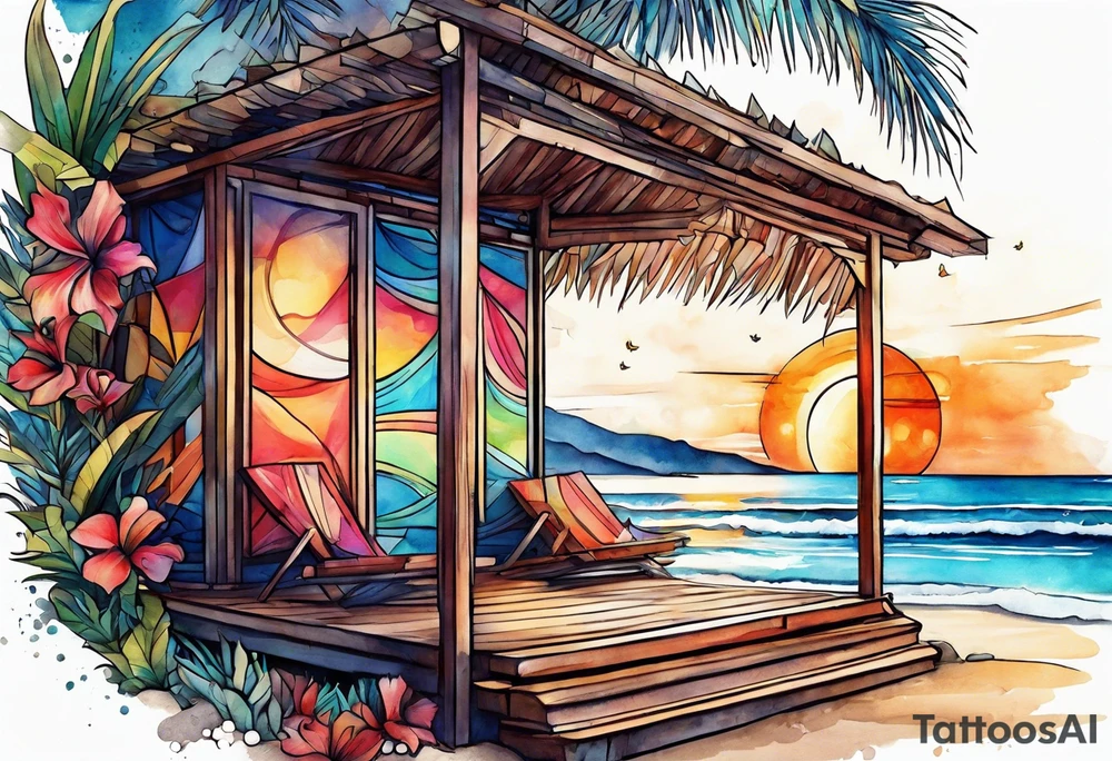 very abstract cabana on a beach, broken down into shapes more than actually looking like a cabana tattoo idea