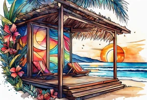 very abstract cabana on a beach, broken down into shapes more than actually looking like a cabana tattoo idea