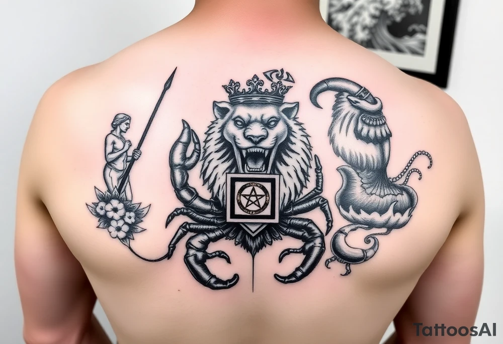 Full arm tattoo, Poseidon coming out of the water with the trident down, the statue of the goddess Themis of blind justice, a powerful and majestic lion with a crown and in the middle of this crown a square is a freemason's compass, a realistic scorpion, Japanese shadow movements of the waves, tattoo idea