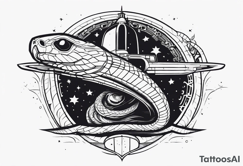 Aggresive Snake with an engine, also the design must be vertical. Also, the desing must be minimalistic not saturated. Remember the vertical proportion of the design. Within the design appears a spaceship with stars and bullets tattoo idea