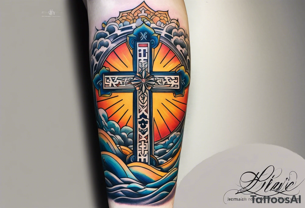 Forearm tattoo cross with rays of sun and
 a Bible verse Jeremiah 29:11 tattoo idea