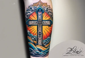 Forearm tattoo cross with rays of sun and
 a Bible verse Jeremiah 29:11 tattoo idea