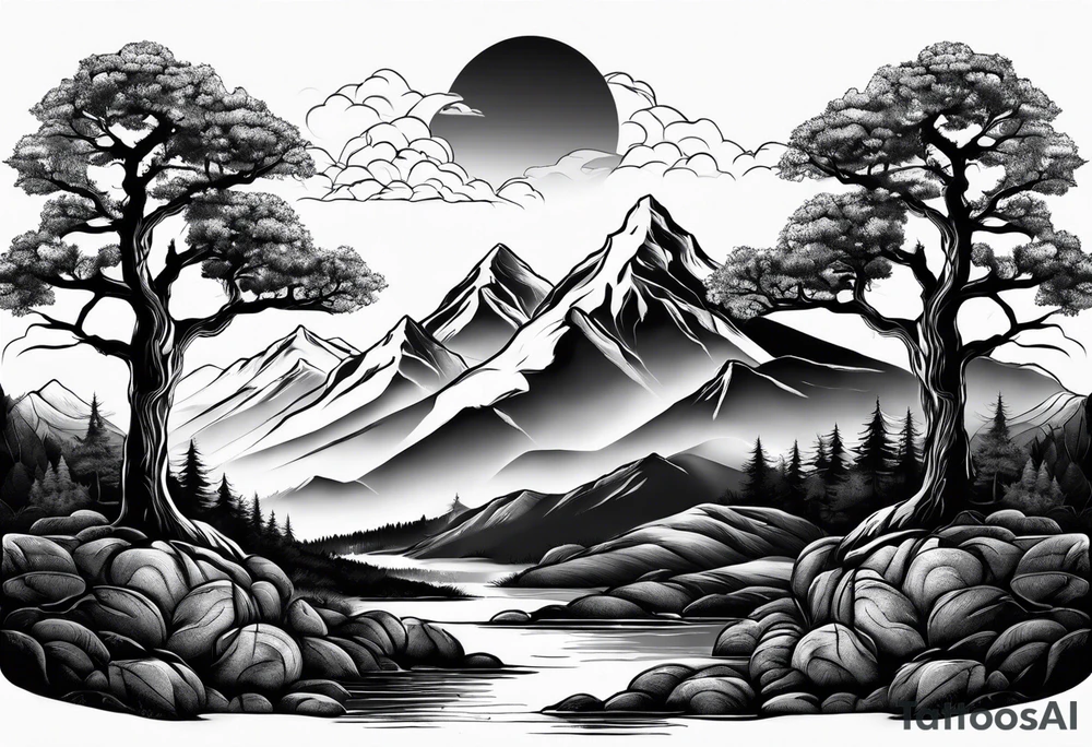 Three mountains three trees with roots tattoo idea Three mountains three trees with roots tattoo idea