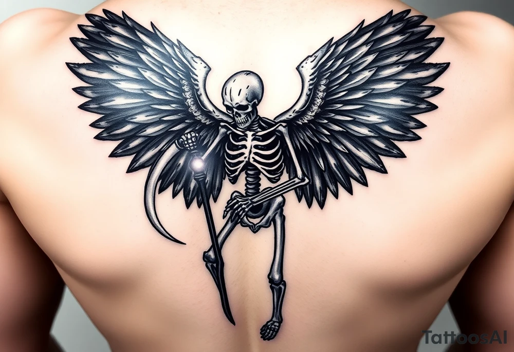 A skeletal angel holding a scythe, with dark smoky wings that seem to fade into shadows. The scythe glows with an ethereal silver light. tattoo idea