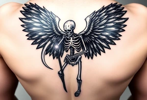 A skeletal angel holding a scythe, with dark smoky wings that seem to fade into shadows. The scythe glows with an ethereal silver light. tattoo idea