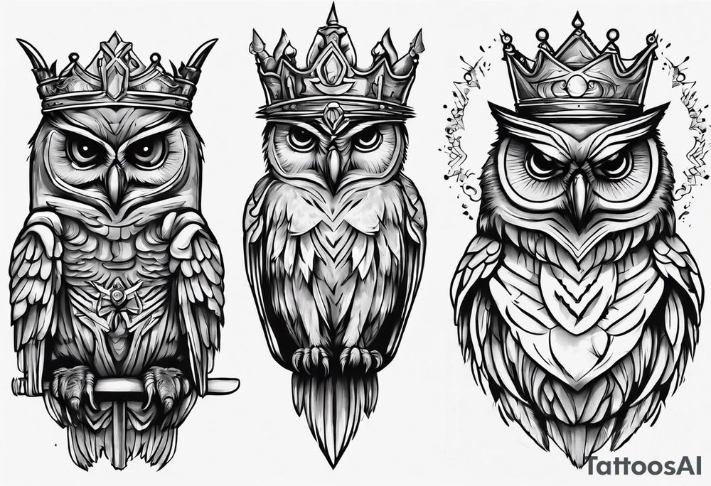 Wise Crowned Owl looking to the rights tattoo idea