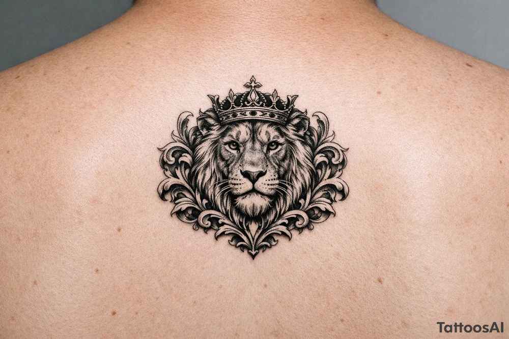 powerful majestic lion with a crown, framed by ornate floral scrollwork tattoo idea