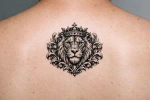 powerful majestic lion with a crown, framed by ornate floral scrollwork tattoo idea