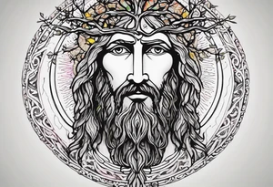 haloed head of a flat stern Byzantine Christ with all-demanding eyes with a tall, prominent, pecan tree with roots tattoo idea