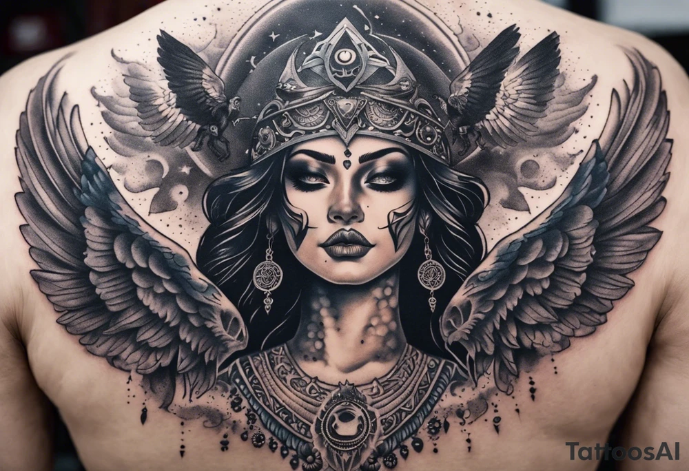 black kali, goddess pirate, alien, angel, pachamama, valkrye, warrior, flying, skull, lotus azul, wing, eagle, zenza resonance, stars, 5D, anahata chakra, death, durga, riding on a tiger, flying lady, chest tatoo tattoo idea