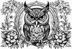 Stomach tattoo full OWL and flower tattoo idea