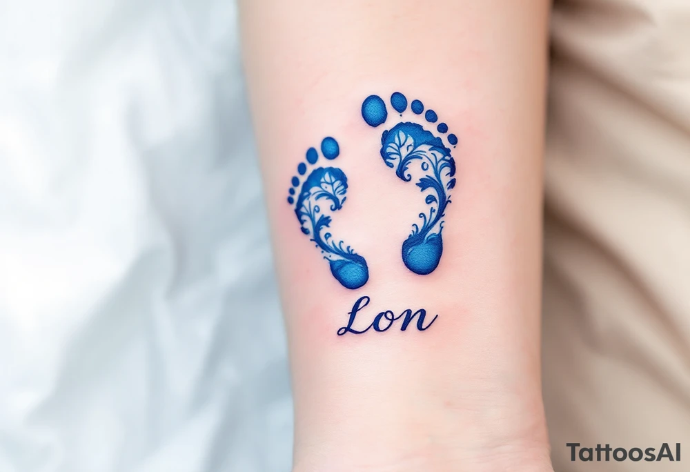 A pair of tiny blue footprints with the son's name in elegant black script beneath. tattoo idea