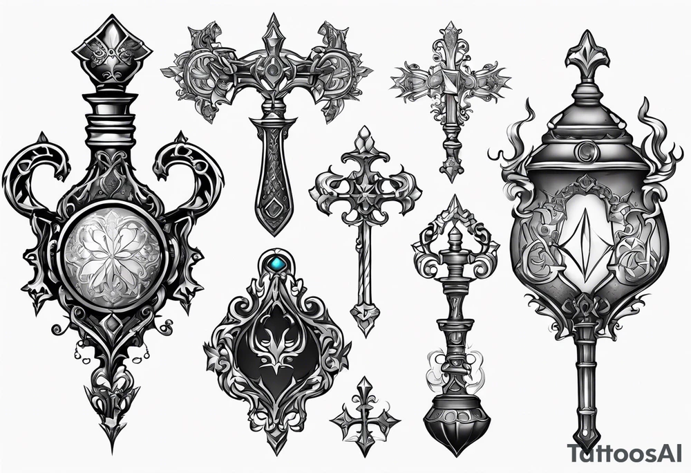 Kingdom hearts keyblade in a Felix felicis potion bottle tattoo idea