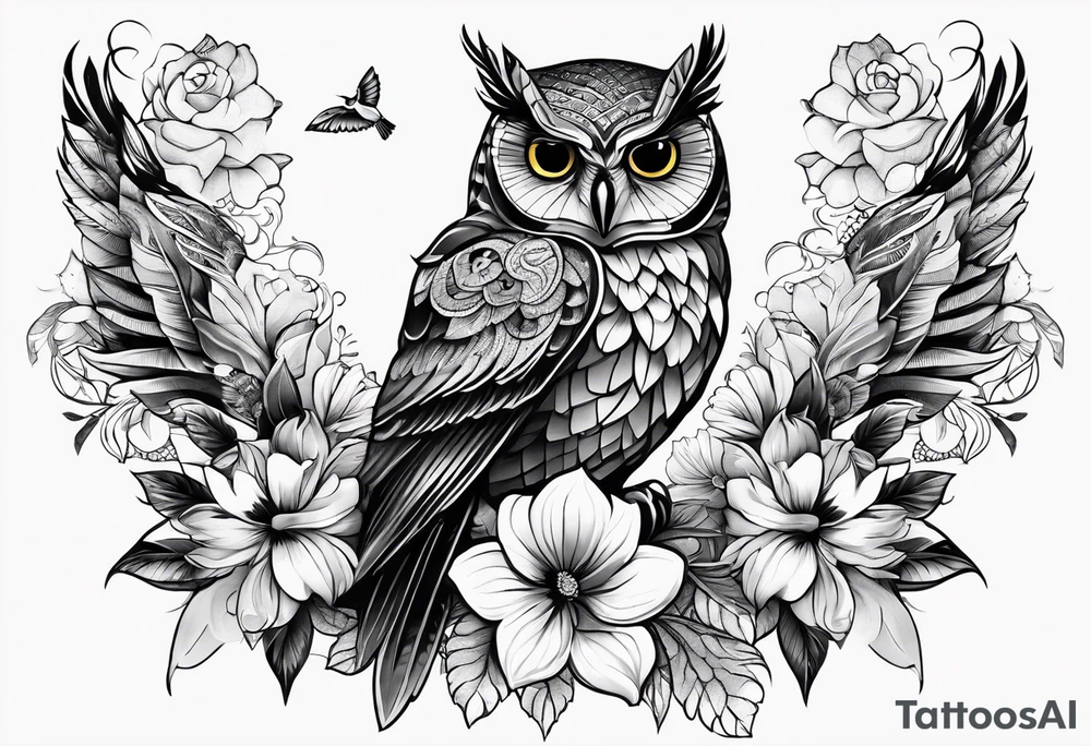 half-sleeve with flowers, an owl, and a hummingbird, all made of lace. tattoo idea