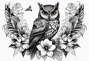 half-sleeve with flowers, an owl, and a hummingbird, all made of lace. tattoo idea