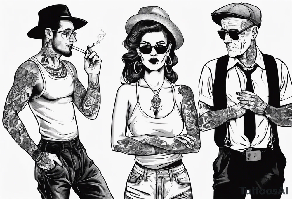 Image of a man and a woman without hats and glasses. A man with earrings in his ears stands smoking a cigarette, a woman sits with her legs wide apart tattoo idea