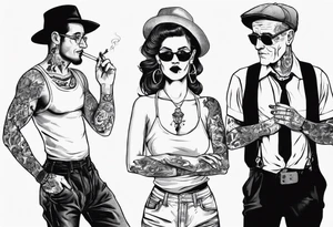 Image of a man and a woman without hats and glasses. A man with earrings in his ears stands smoking a cigarette, a woman sits with her legs wide apart tattoo idea