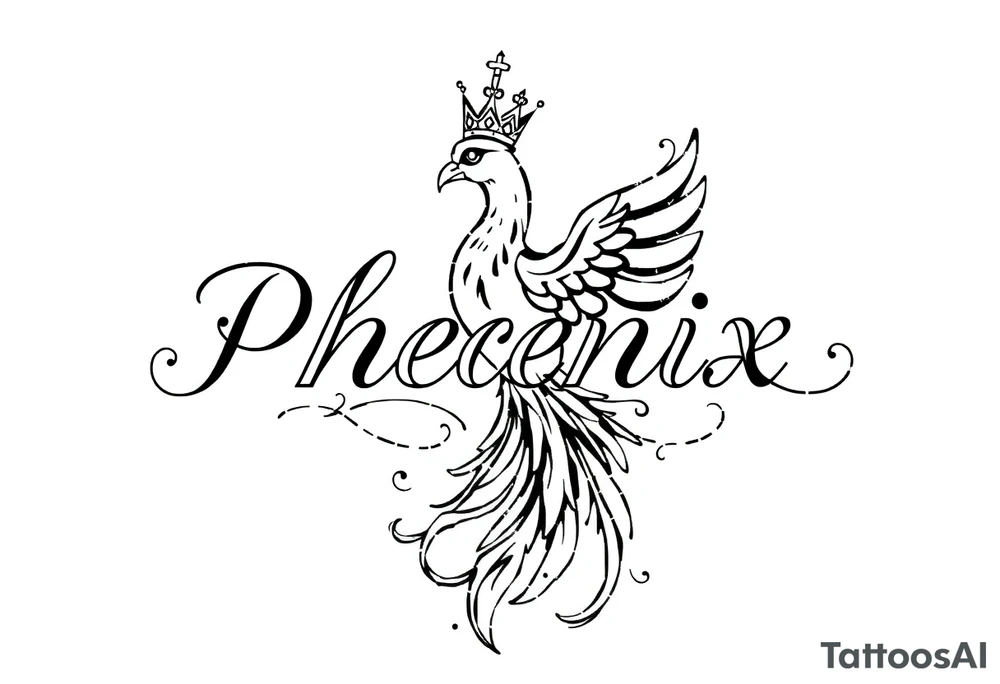 Pheonix wearing a crown with flowy long tail tattoo idea