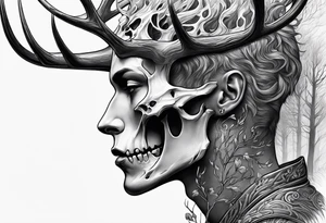 A side profile of a human with a deer skull head, forest fire tattoo idea