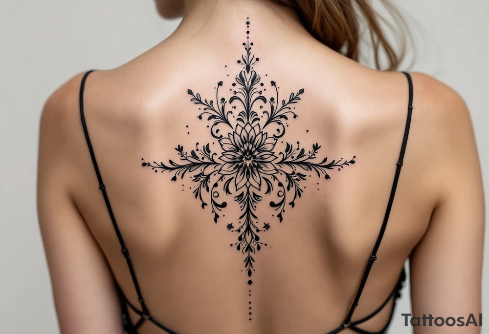 1.	Cherry Blossom Flow (Central Spine): A cascading cherry blossom flowing vertically along the spine to cover the central portion of the existing tattoo. Symmetrical patterns inspired by ornamental designs, with intricate curves and dotwork extending outward from the base of the spine. These elements should balance the floral motif and enhance the lower back area with a decorative, feminine flair.
	3.	Dotwork and Contouring: Delicate linework and dot patterns should be added around the floral design to give texture and seamlessly blend the tattoo with the surrounding skin. The ornamentation should curve naturally along the shape of the body, creating a cohesive, elegant look. tattoo idea