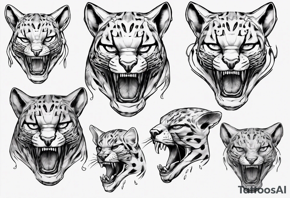 cybernetic ocelot full body teeth showing tattoo idea