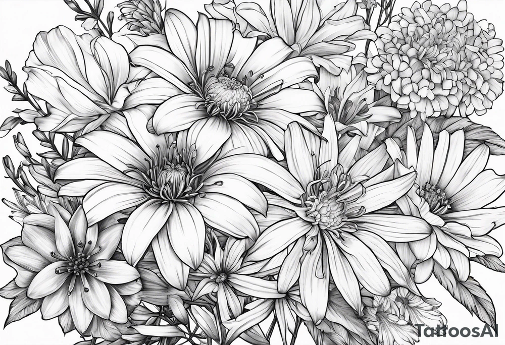 Bouquet of lilies, marigolds, cosmos, and asters tattoo idea