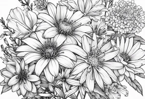 Bouquet of lilies, marigolds, cosmos, and asters tattoo idea