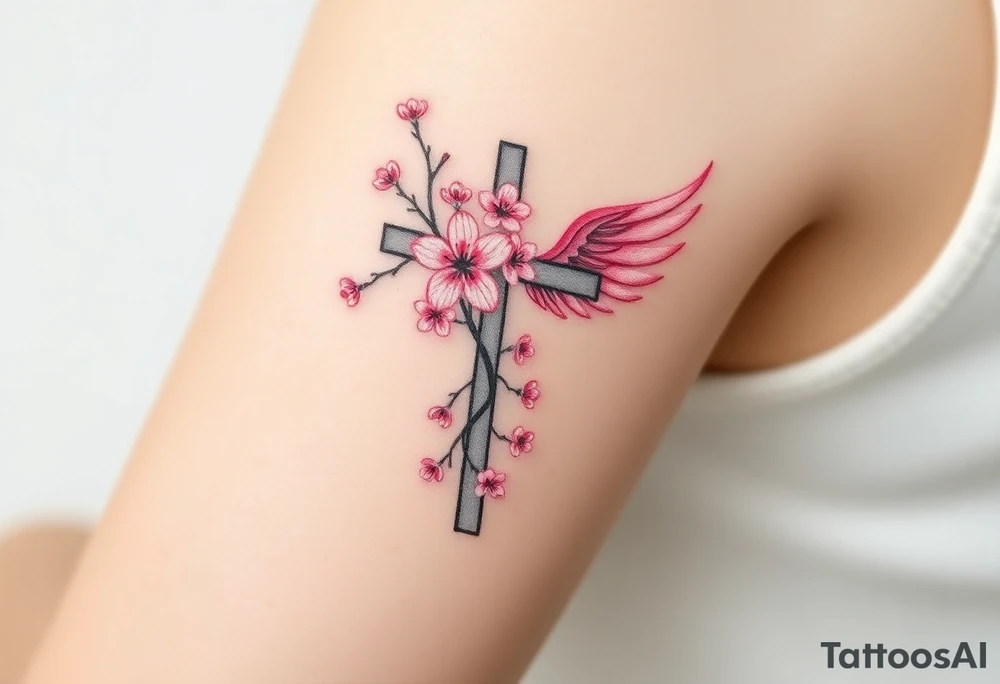 A cross with cherry blossoms growing along its frame, with delicate pink and white feathery wings tattoo idea