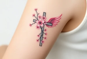A cross with cherry blossoms growing along its frame, with delicate pink and white feathery wings tattoo idea