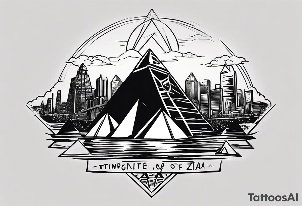 design featuring the Pyramids of Giza gracefully merging with the Manhattan skyline. Integrate the Nile River flowing into the Hudson River to symbolize your cultural journey. Keep the design clean and impactful, focusing on key elements to maintain a timeless and meaningful representation of your identity and experiences. tattoo idea