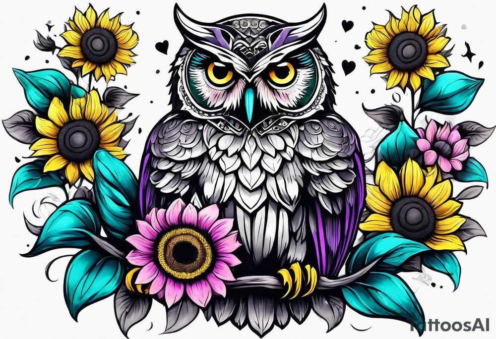 Half arm sleeve black and white owl shaded teal, pink and purple surrounded by yellow sunflowers tattoo idea