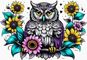 Half arm sleeve black and white owl shaded teal, pink and purple surrounded by yellow sunflowers tattoo idea
