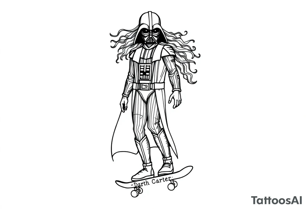 Skateboarding TALL Darth Vader with long kinky curly hair
WORDS in star wars font "Darth Carter"
12/29/88-01/06/24 tattoo idea